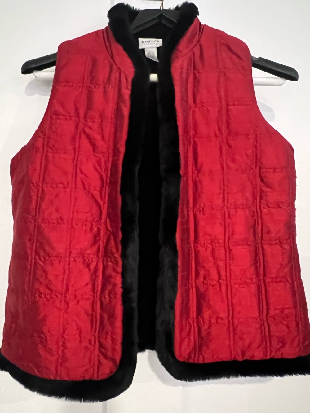 Chico's Red Quilted Vest with Black Faux Fur Trim l 1